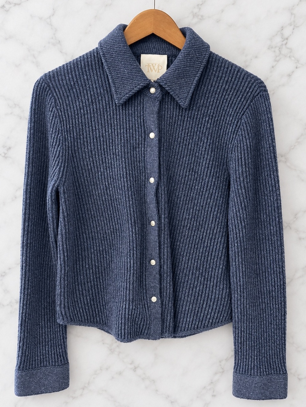 TWP Navy 100% Cashmere Ribbed Snap Front Collared Cardigan Size S